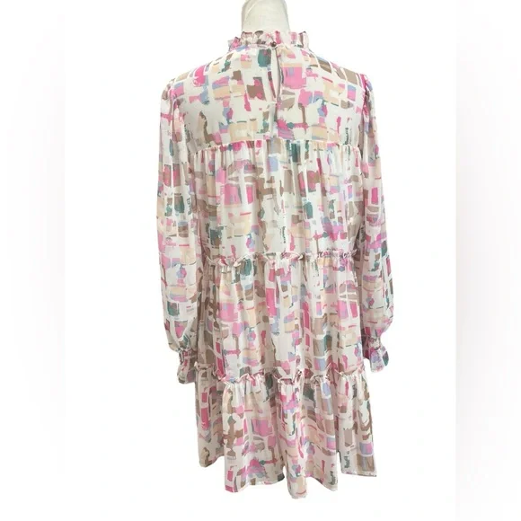 Entro Smocked Tiered Mini Dress M Abstract Print Boho Long Sleeve Lined NWOT - Picture 4 of 10